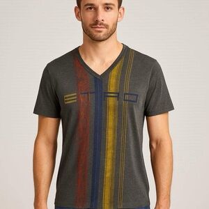 Etro Gray V-Neck Tee with Multicolor Stripes. Size XL.
